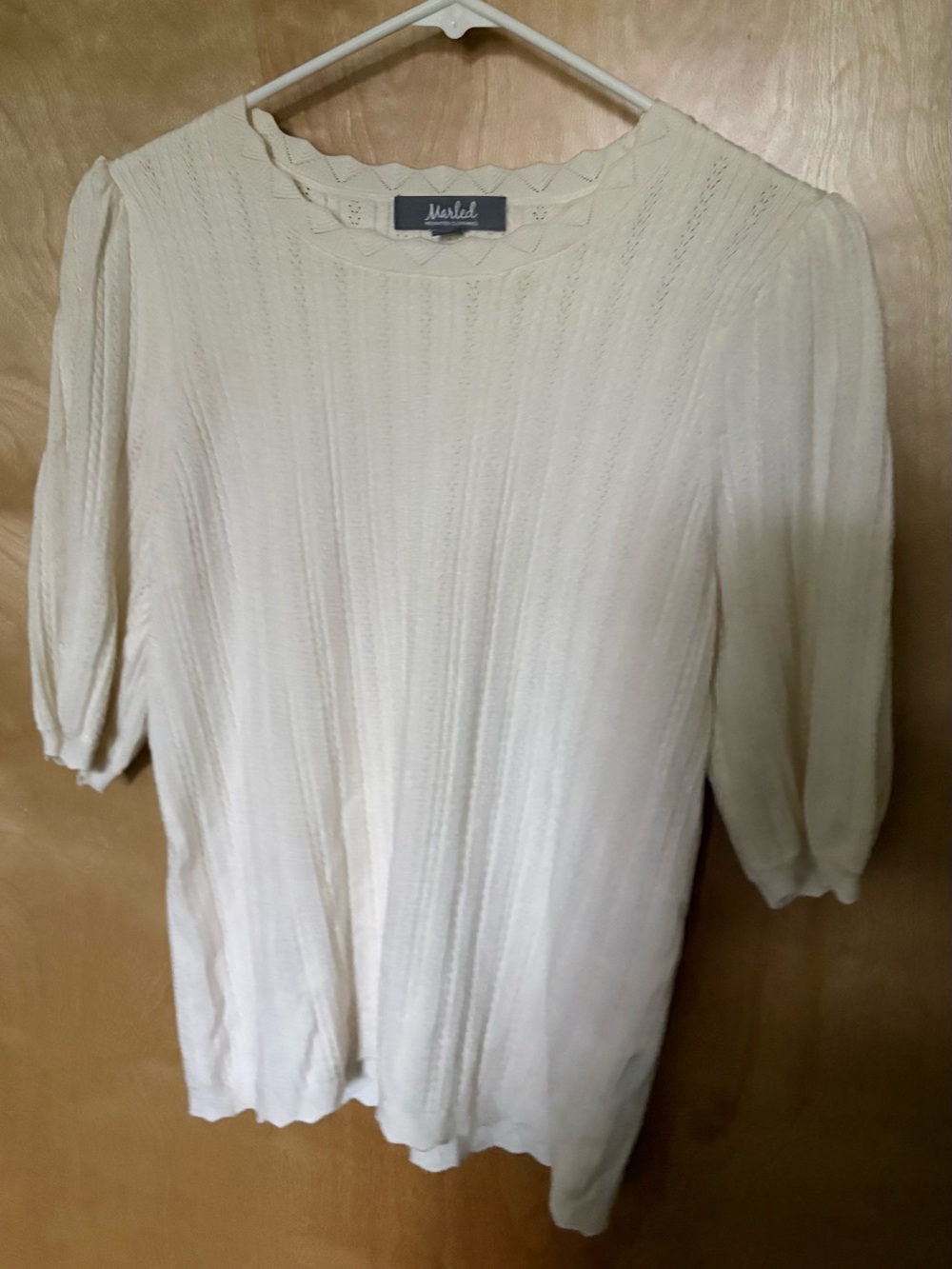 Marled Reunited Clothing Ivory/Cream Short Sleeve Scallop Neck Knit Top M